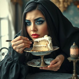 A photographic image depicting a fat, beautiful, stunning young woman with long black hair and striking crystal blue eyes, accentuated by frosted pastel blue eye shadow, thick black eyeliner, voluminous black mascara, and long eyelashes