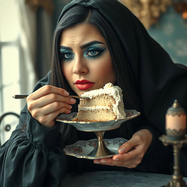 A photographic image depicting a fat, beautiful, stunning young woman with long black hair and striking crystal blue eyes, accentuated by frosted pastel blue eye shadow, thick black eyeliner, voluminous black mascara, and long eyelashes