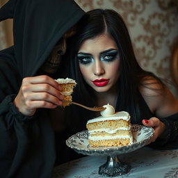 A photographic image depicting a fat, beautiful, stunning young woman with long black hair and striking crystal blue eyes, accentuated by frosted pastel blue eye shadow, thick black eyeliner, voluminous black mascara, and long eyelashes