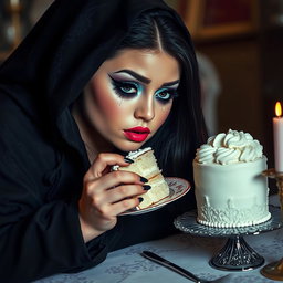 A photographic image featuring a chubby, beautiful, stunning young woman with long black hair and captivating crystal blue eyes, enhanced by frosted pastel blue eye shadow, thick black eyeliner, voluminous black mascara, and long eyelashes