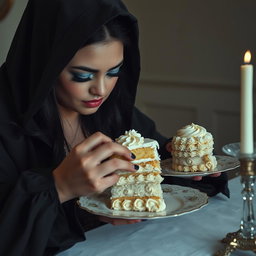 A photographic image featuring a chubby, beautiful, stunning young woman with long black hair and captivating crystal blue eyes, enhanced by frosted pastel blue eye shadow, thick black eyeliner, voluminous black mascara, and long eyelashes