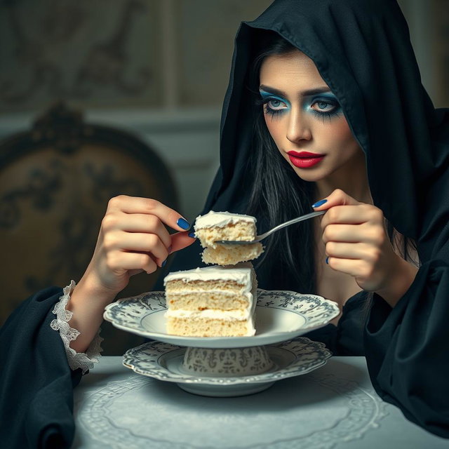 A photographic image featuring a chubby, beautiful, stunning young woman with long black hair and captivating crystal blue eyes, enhanced by frosted pastel blue eye shadow, thick black eyeliner, voluminous black mascara, and long eyelashes