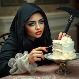 A photographic image featuring a chubby, beautiful, stunning young woman with long black hair and captivating crystal blue eyes, enhanced by frosted pastel blue eye shadow, thick black eyeliner, voluminous black mascara, and long eyelashes