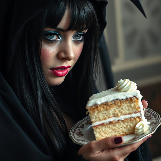 A photographic image of a chubby, beautiful, stunning young woman with long black hair and captivating crystal blue eyes