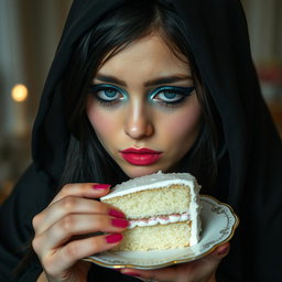 A photographic image of a chubby, beautiful, stunning young woman with long black hair and captivating crystal blue eyes