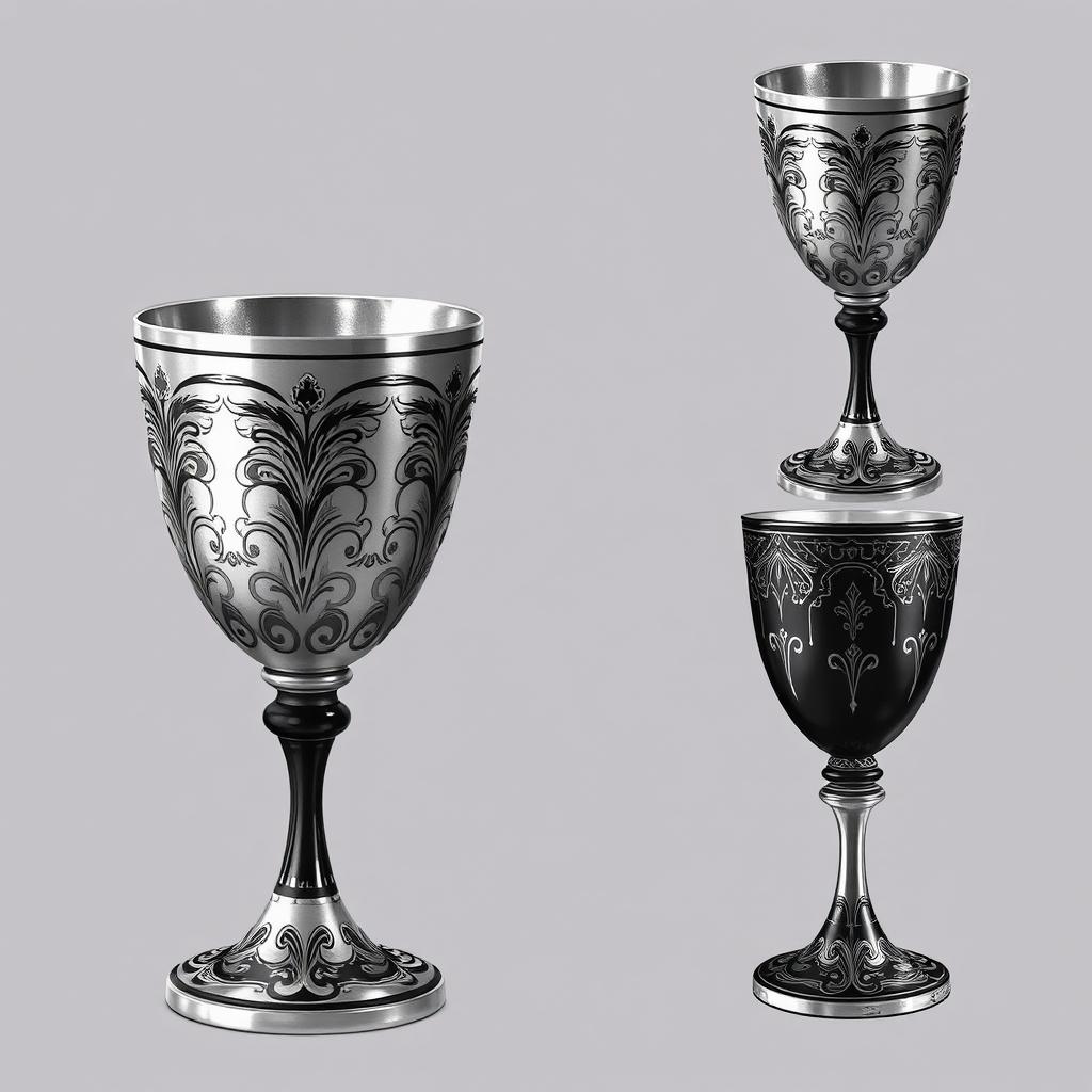 A beautifully designed goblet with intricate patterns and details, painted in a sleek silver with elegant black accents
