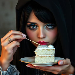 A photographic image showcasing a chubby, soft, beautiful young woman with long black hair and stunning crystal blue eyes