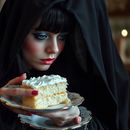 A photographic image showcasing a chubby, soft, beautiful young woman with long black hair and stunning crystal blue eyes