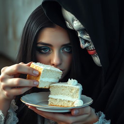 A photographic image showcasing a chubby, soft, beautiful young woman with long black hair and stunning crystal blue eyes