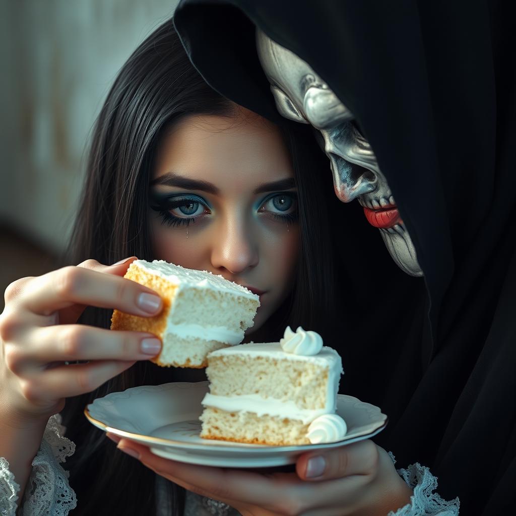 A photographic image showcasing a chubby, soft, beautiful young woman with long black hair and stunning crystal blue eyes