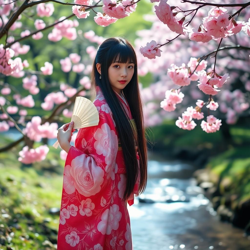 A beautiful Japanese girl standing gracefully in a serene cherry blossom garden, wearing a traditional kimono adorned with intricate floral patterns