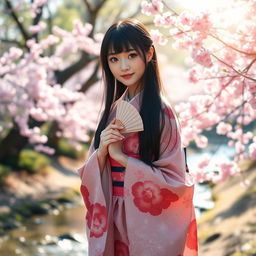 A beautiful Japanese girl standing gracefully in a serene cherry blossom garden, wearing a traditional kimono adorned with intricate floral patterns