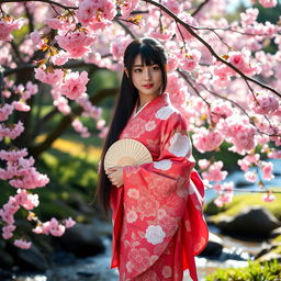 A beautiful Japanese girl standing gracefully in a serene cherry blossom garden, wearing a traditional kimono adorned with intricate floral patterns