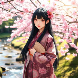 A beautiful Japanese girl standing gracefully in a serene cherry blossom garden, wearing a traditional kimono adorned with intricate floral patterns