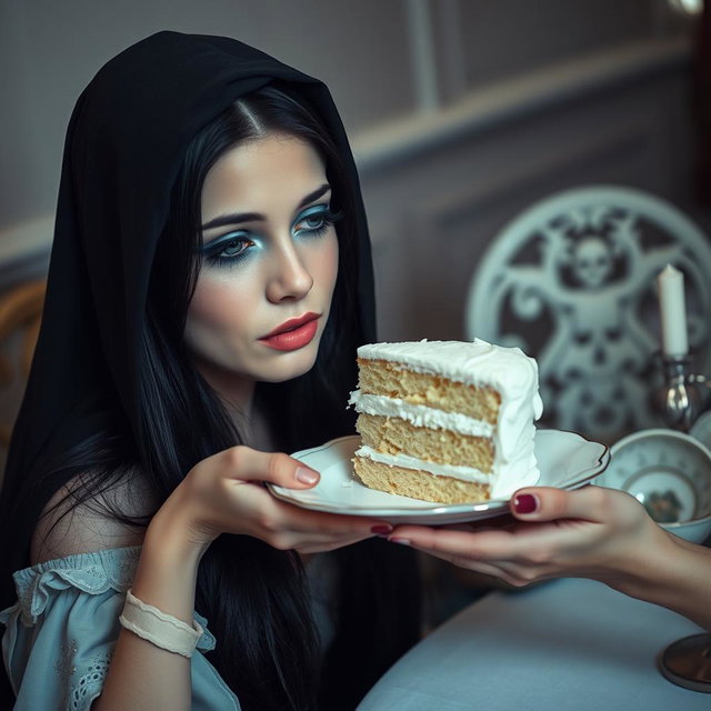 A photographic image of a soft, fat, beautiful young woman with long black hair and stunning crystal blue eyes