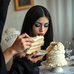 A photographic image of a soft, fat, beautiful young woman with long black hair and stunning crystal blue eyes