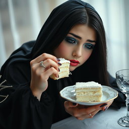 A photographic image of a soft, fat, beautiful young woman with long black hair and stunning crystal blue eyes