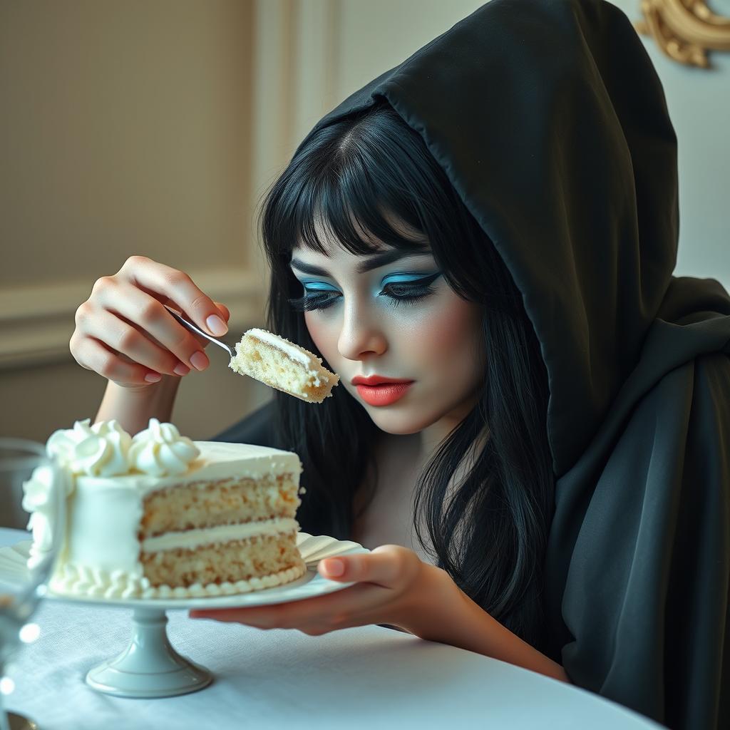 A photographic image of a soft, fat, beautiful young woman with long black hair and stunning crystal blue eyes