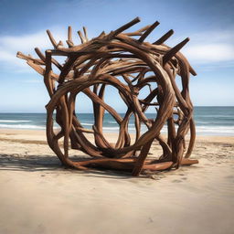 A captivating architectural structure crafted from a captivating mix of driftwood and durable Corten metal, majestically standing on an idyllic beach against the backdrop of the roaring ocean.