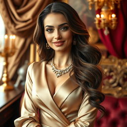 A beautiful and elegant woman dressed in luxurious clothing, embodying sophistication and grace