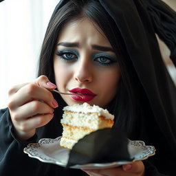 A photographic image of a soft, fat, beautiful young woman with long black hair and stunning crystal blue eyes