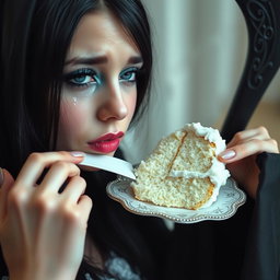 A photographic image of a soft, fat, beautiful young woman with long black hair and stunning crystal blue eyes