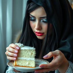 A photographic image of a soft, fat, beautiful young woman with long black hair and stunning crystal blue eyes