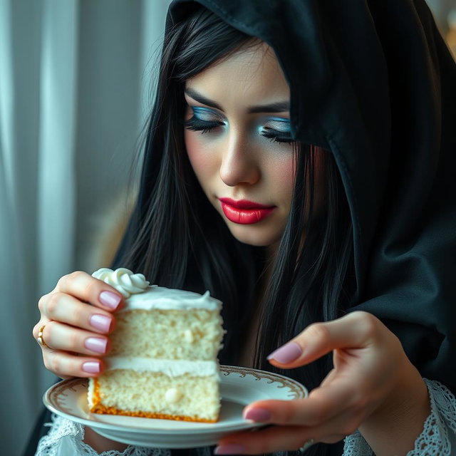 A photographic image of a soft, fat, beautiful young woman with long black hair and stunning crystal blue eyes