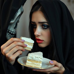 A photographic image of a soft, fat, beautiful young woman with long black hair and stunning crystal blue eyes