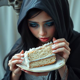 A photographic image of a soft, fat, beautiful young woman with long black hair and stunning crystal blue eyes