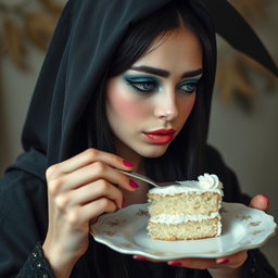 A photographic image of a soft, fat, beautiful young woman with long black hair and stunning crystal blue eyes