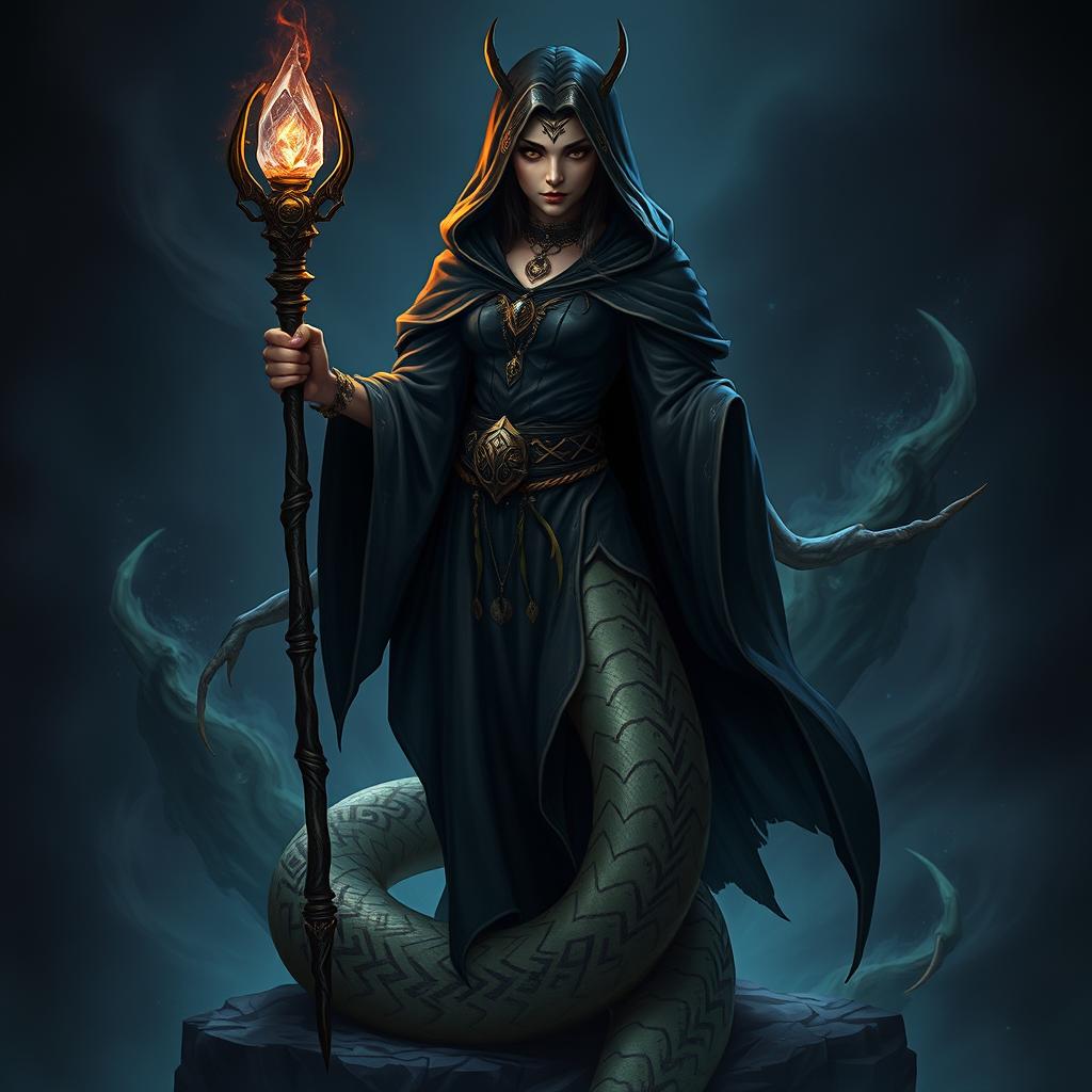A striking half-snake warlock character inspired by Dungeons and Dragons
