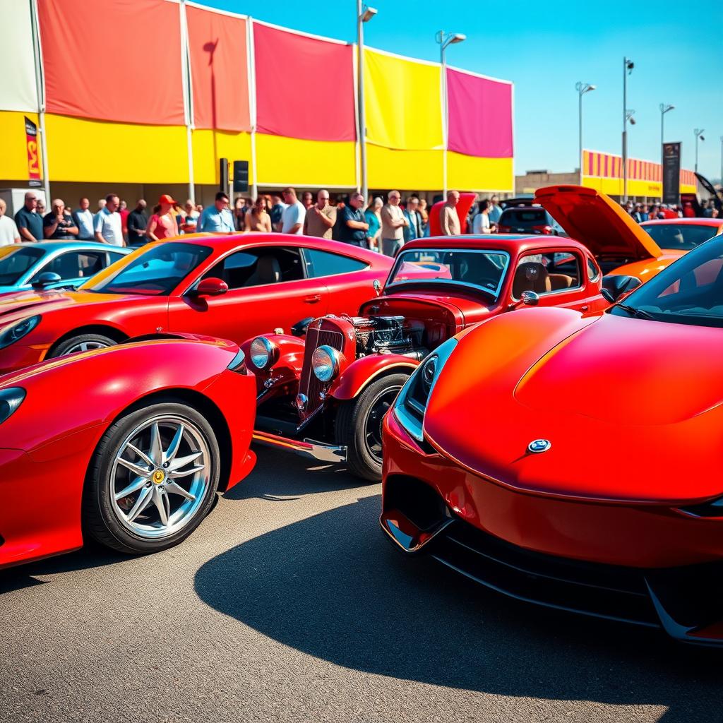 A stunning collection of various cars lined up in a vivid car show setting
