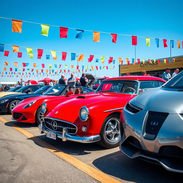 A stunning collection of various cars lined up in a vivid car show setting