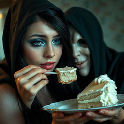 A photographic image of a beautiful, stunning young woman with a soft, fat figure, long black hair, and captivating crystal blue eyes