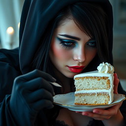 A photographic image of a beautiful, stunning young woman with a soft, fat figure, long black hair, and captivating crystal blue eyes