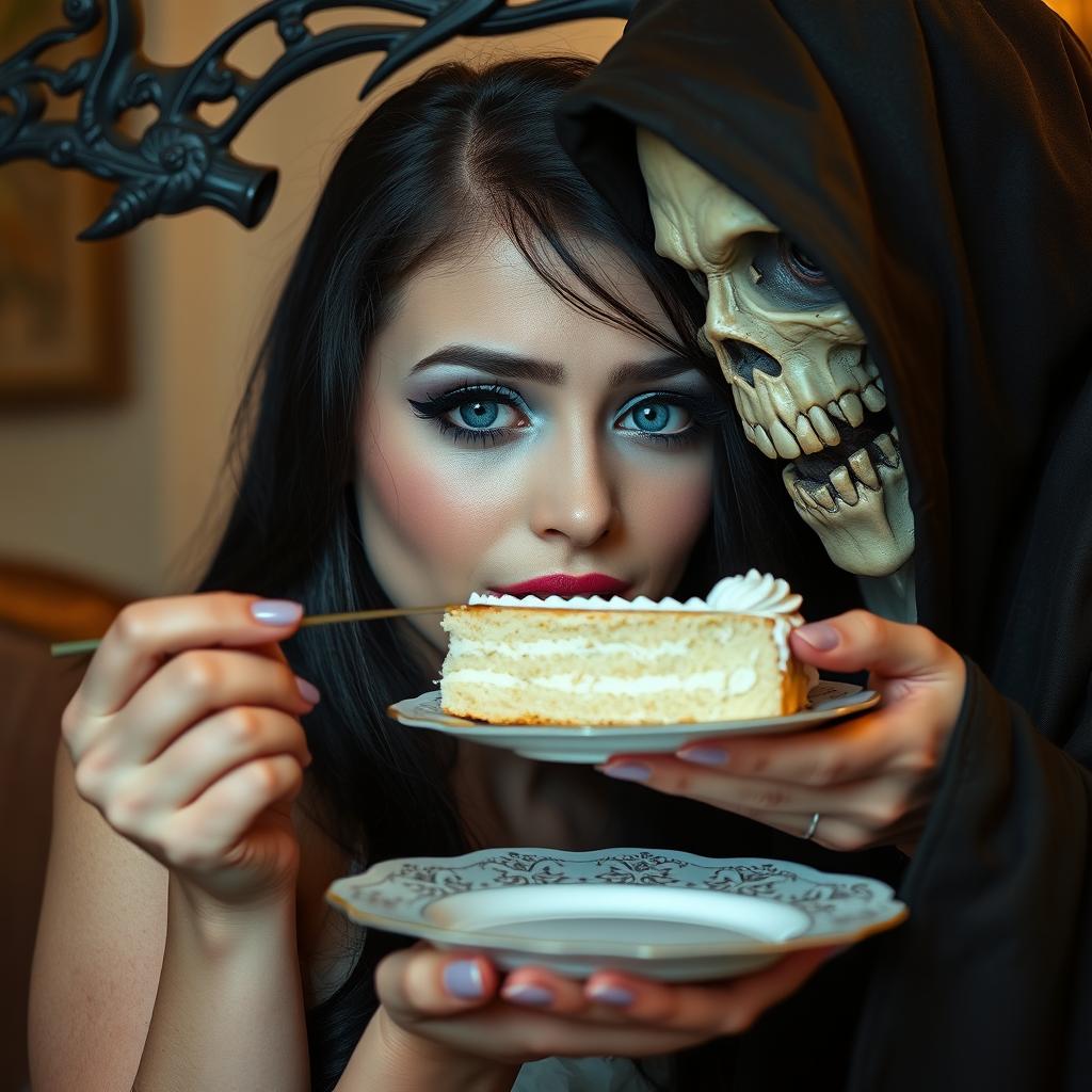 A photographic image of a beautiful, stunning young woman with a soft, fat figure, long black hair, and captivating crystal blue eyes