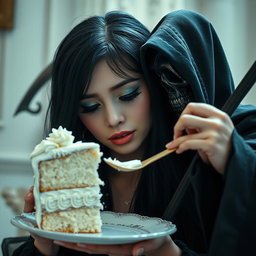 A photographic image of a beautiful, stunning young woman with a soft, fat figure, long black hair, and captivating crystal blue eyes