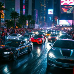 A thrilling nighttime car race scene, featuring a diverse array of cars speeding through a city street