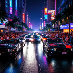 A thrilling nighttime car race scene, featuring a diverse array of cars speeding through a city street