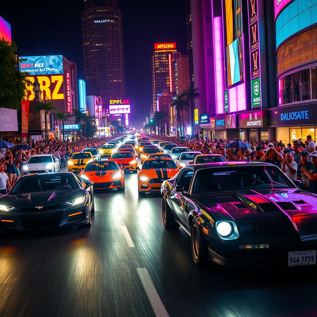 A thrilling nighttime car race scene, featuring a diverse array of cars speeding through a city street