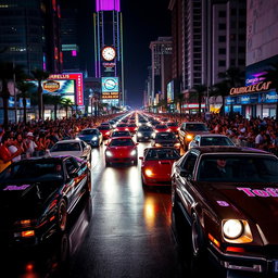 A thrilling nighttime car race scene, featuring a diverse array of cars speeding through a city street