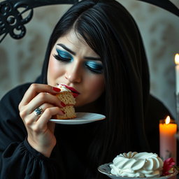 A photographic image of a fat, beautiful young woman with stunning long black hair and crystal blue eyes