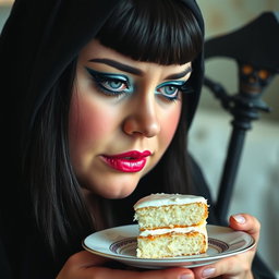 A photographic image of a fat, beautiful young woman with stunning long black hair and crystal blue eyes