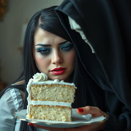 A photographic image of a fat, beautiful young woman with stunning long black hair and crystal blue eyes