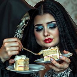 A photographic image of a fat, beautiful young woman with stunning long black hair and crystal blue eyes