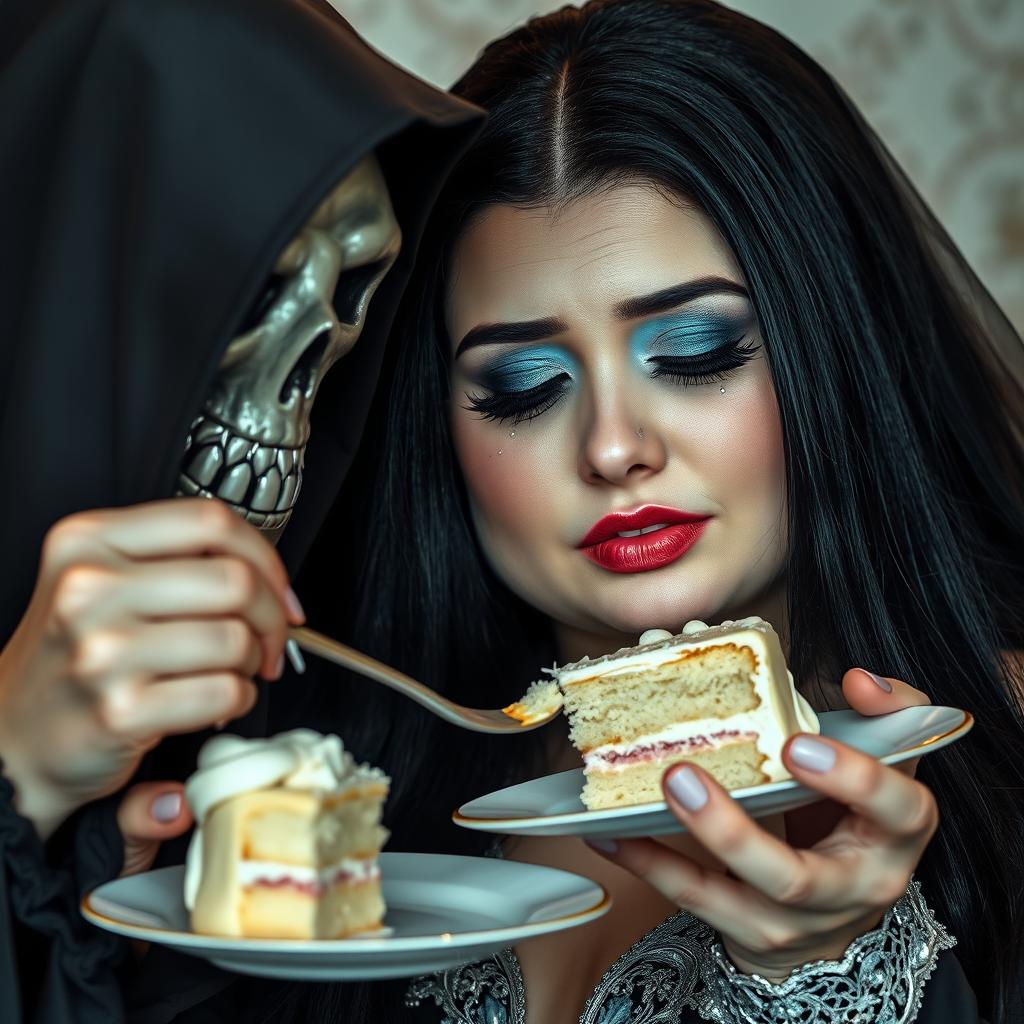 A photographic image of a fat, beautiful young woman with stunning long black hair and crystal blue eyes