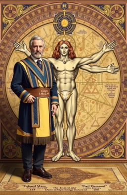 A scene depicting a symbolic union between a Freemason and Leonardo da Vinci's Vitruvian Man, showcasing the Freemason in traditional Masonic attire, standing confidently beside the iconic figure of the Vitruvian Man, who is positioned in a dynamic pose surrounded by geometric shapes and symbols representing knowledge and enlightenment