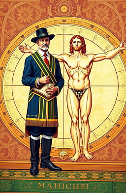 A scene depicting a symbolic union between a Freemason and Leonardo da Vinci's Vitruvian Man, showcasing the Freemason in traditional Masonic attire, standing confidently beside the iconic figure of the Vitruvian Man, who is positioned in a dynamic pose surrounded by geometric shapes and symbols representing knowledge and enlightenment