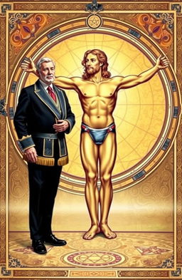 A scene depicting a symbolic union between a Freemason and Leonardo da Vinci's Vitruvian Man, showcasing the Freemason in traditional Masonic attire, standing confidently beside the iconic figure of the Vitruvian Man, who is positioned in a dynamic pose surrounded by geometric shapes and symbols representing knowledge and enlightenment